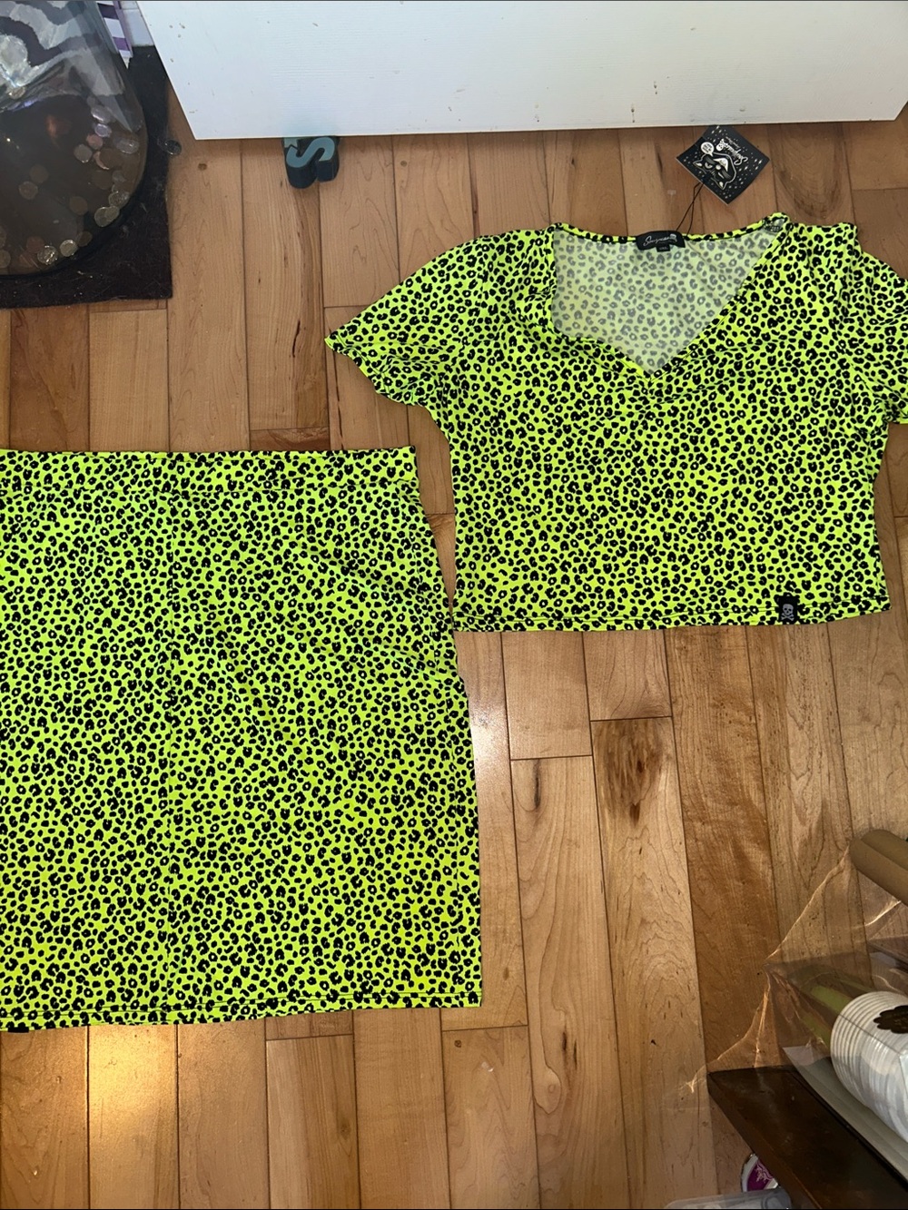 Sourpuss Neon Yellow & Black Leopard Crop Top and Mini Skirt Set